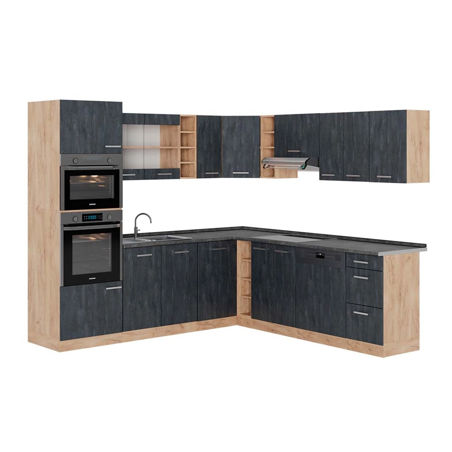 Vicco R-Line Einbauküche in L-Form Schwarz Beton/Goldkraft Eiche 237 x 247 günstig online kaufen