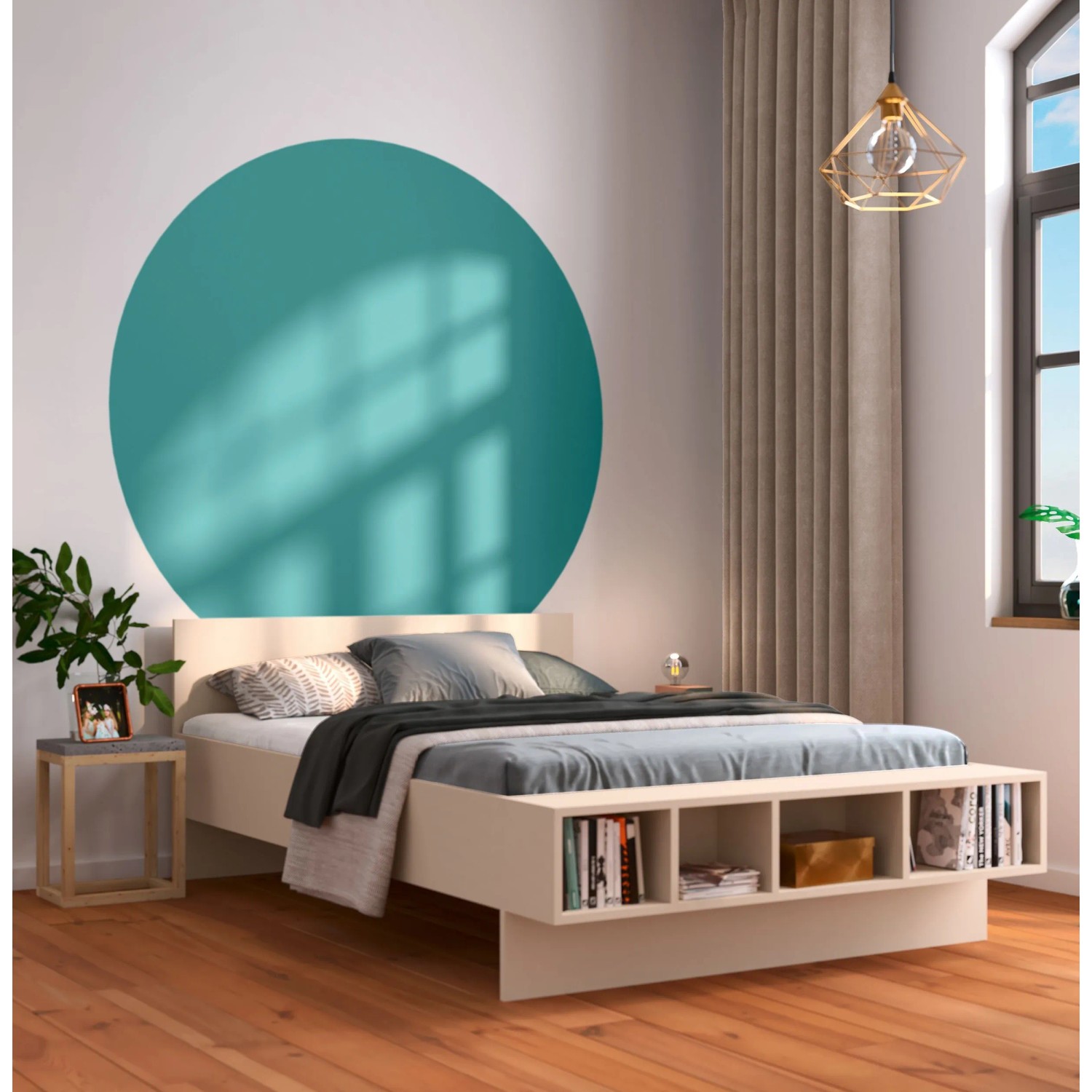 Schlafzimmer mit Wand in Lagunentürkis (CREATE! by OBI Wandfarbe Lieblingsfarbe Benno).
