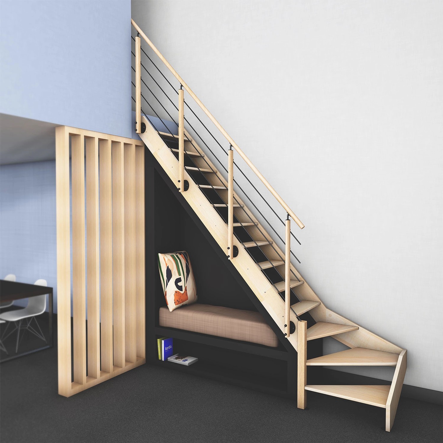 Kordo Buche Innentreppe, 1/4 gewendelt links, mit Edelstahlgeländer und integrierter Sitzbank.