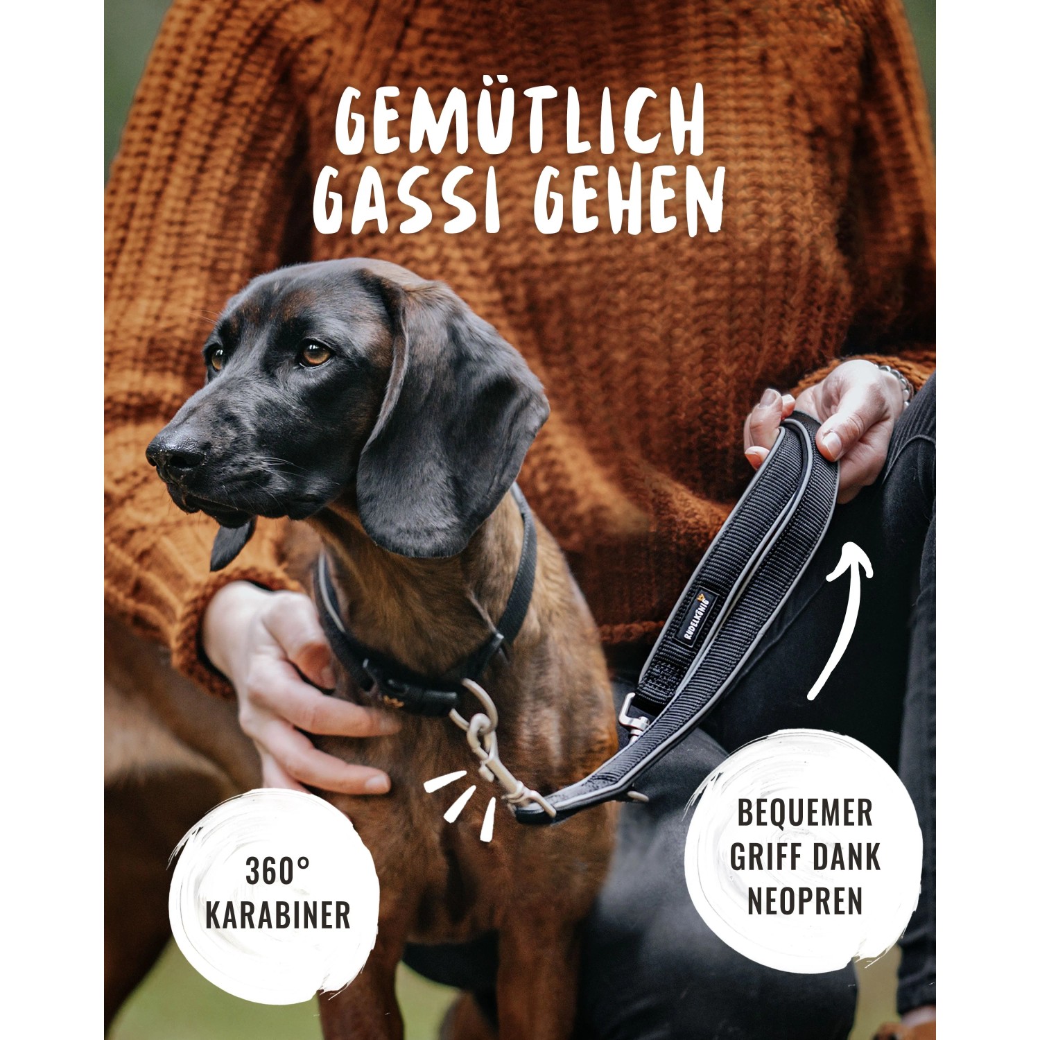Schwarze Rudelkönig Hundeleine Paola, 230 cm, verstellbar, mit Hund.