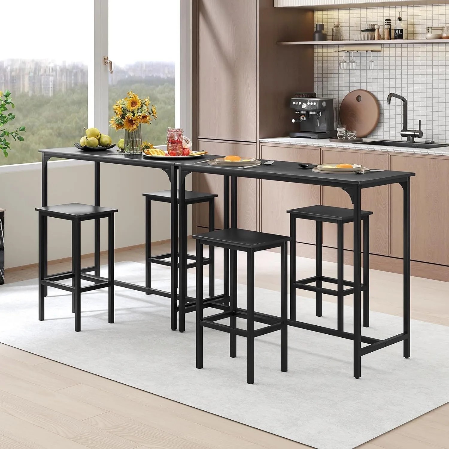 Costway Bartisch Set mit 2 Barhockern, schwarz, für 2 Personen. Essgruppe für Küche oder Esszimmer.