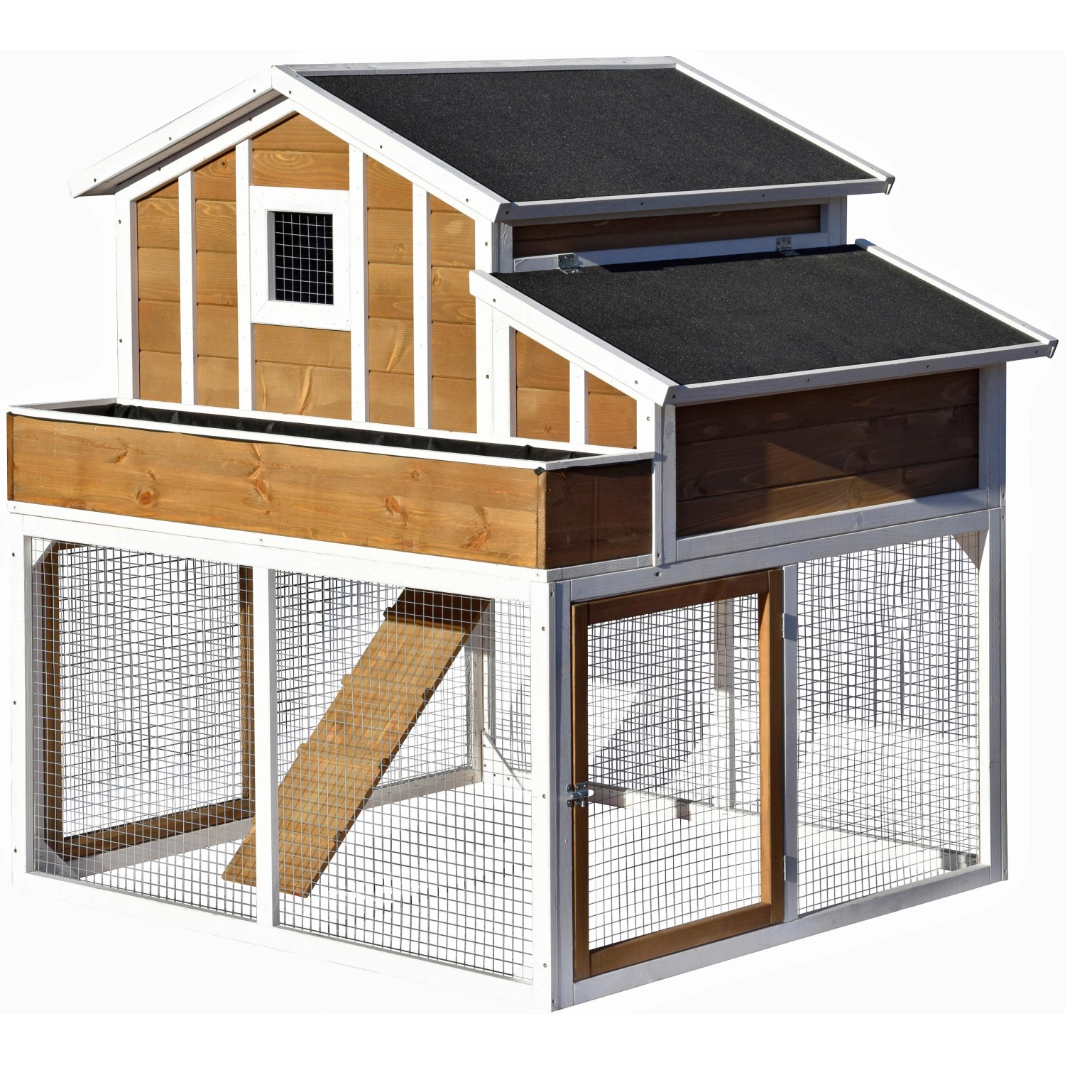 Hühnerstall XL mit Freigehege, Holz, wetterfest, mit Blumenkasten und Rampe.