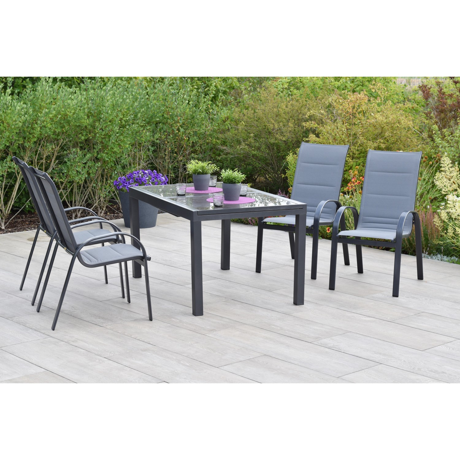 Merxx Amalfi Set 5 -tlg 4 Stapelsessel Auszieh-Gartentisch 140 (200) x 90cm günstig online kaufen