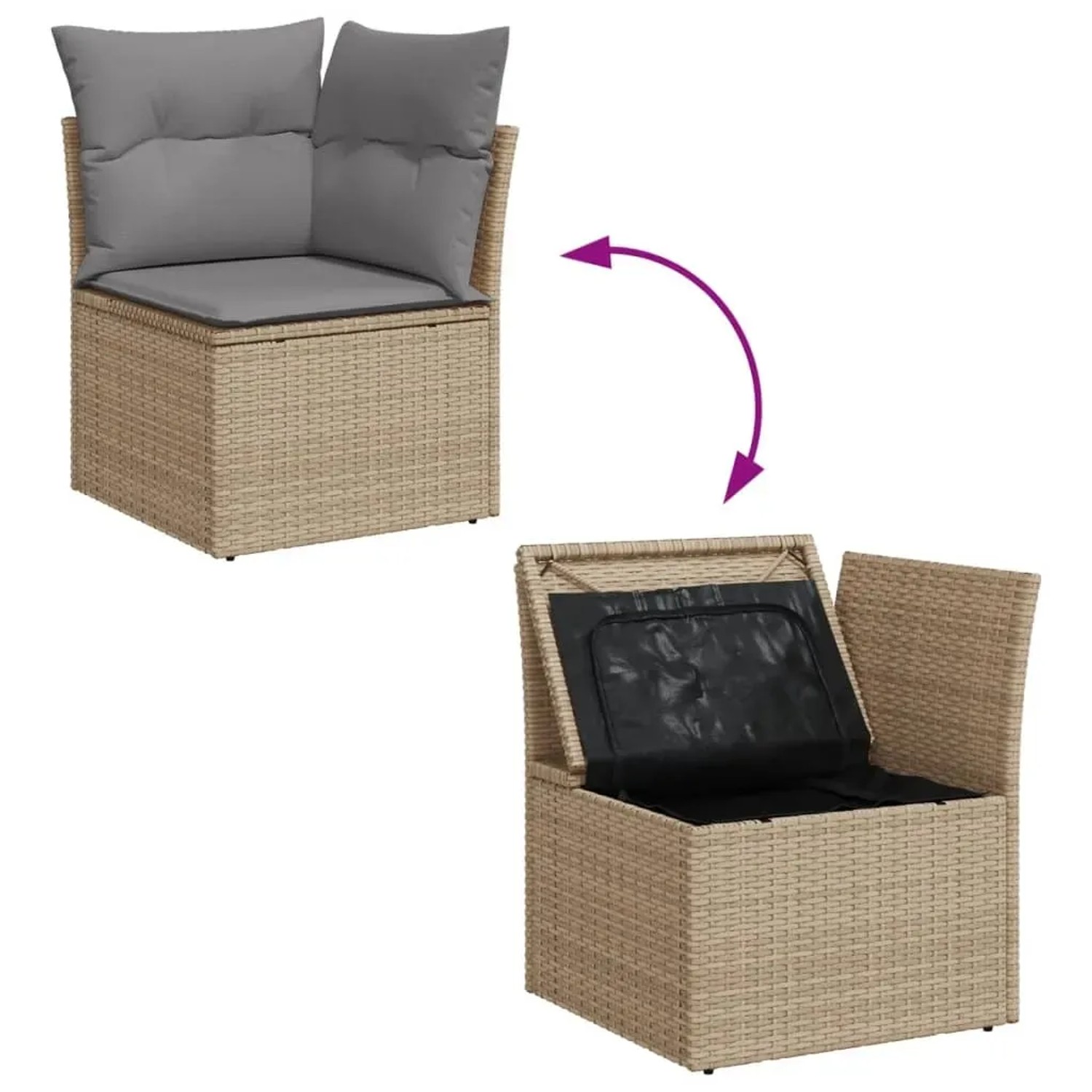 Beige Garten-Sofagarnitur aus Rattan mit Kissen, mit offenem Stauraum unter dem Sitz.