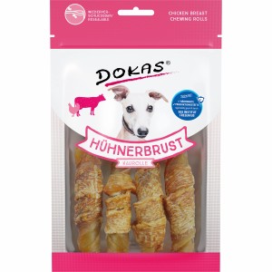 Dokas Kaurolle Hühnerbrust, 90g. Kaustick für Hunde mit Hühnchenfilet ummantelt.