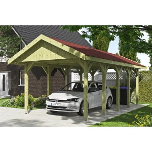 Satteldach-Carport Wallgau mit roten Schindeln und Auto. Holzkonstruktion mit 10 Pfosten.