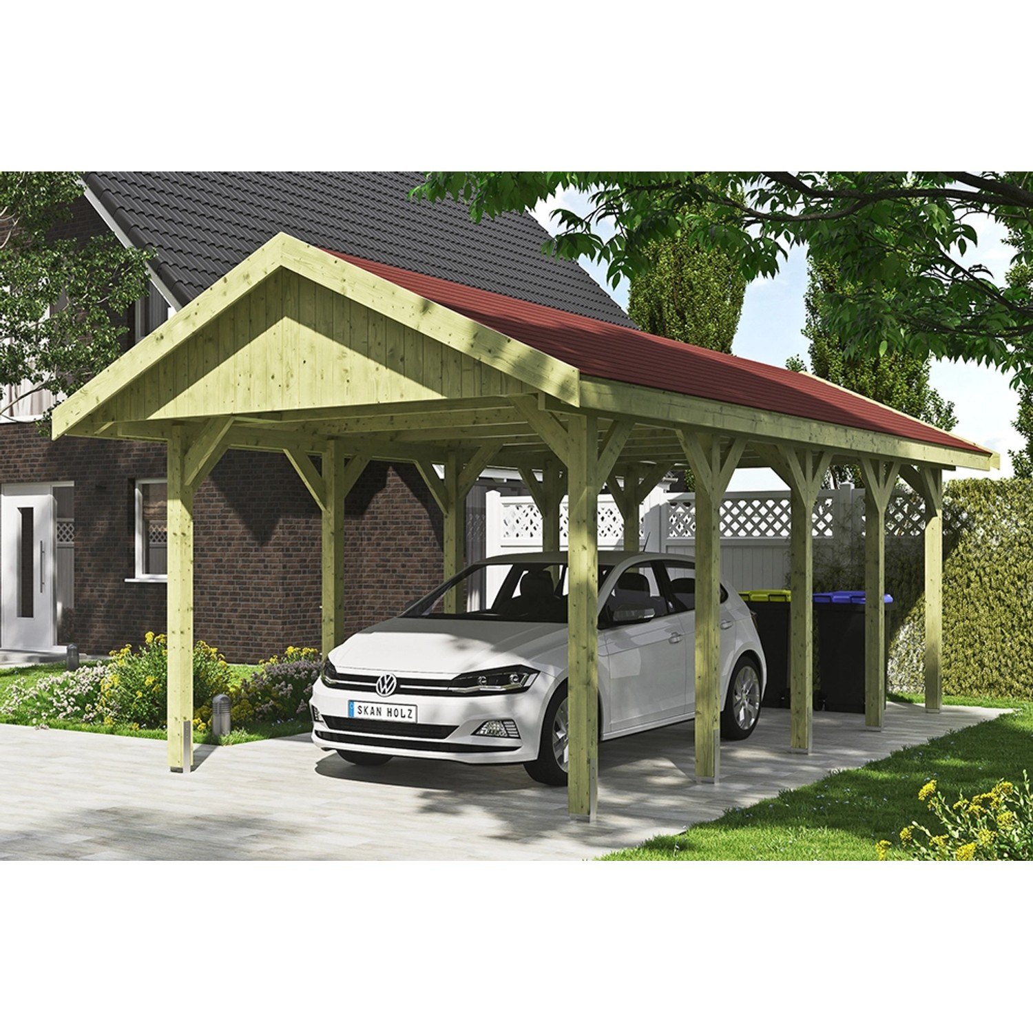 Satteldach-Carport Wallgau 380 x 750 cm rote Schindeln günstig online kaufen