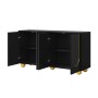 Schwarzes Merax Sideboard mit 4 Türen, goldenen Bogenlinien und runden Metallfüßen. Offene Innenfächer.