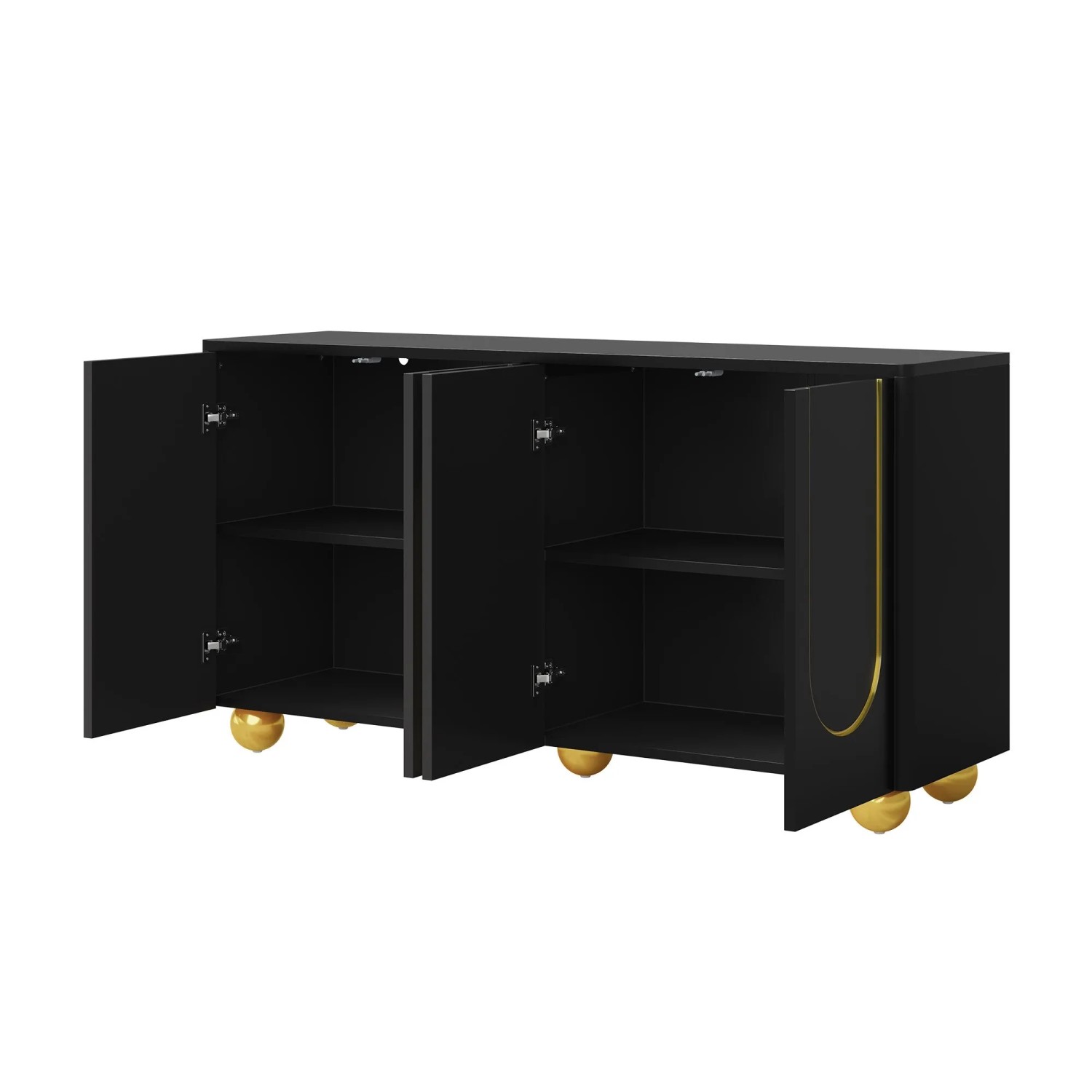 Schwarzes Merax Sideboard mit 4 Türen, goldenen Bogenlinien und runden Metallfüßen. Offene Innenfächer.