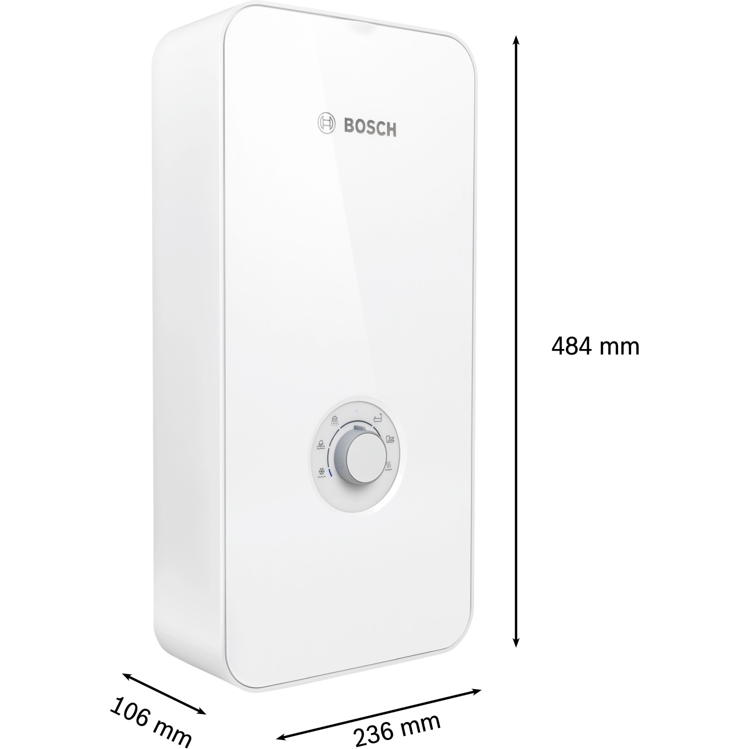 Bosch Durchlauferhitzer Tronic Comfort Plus, 15/18/21 kW, EEK: A, mit Maßangaben.