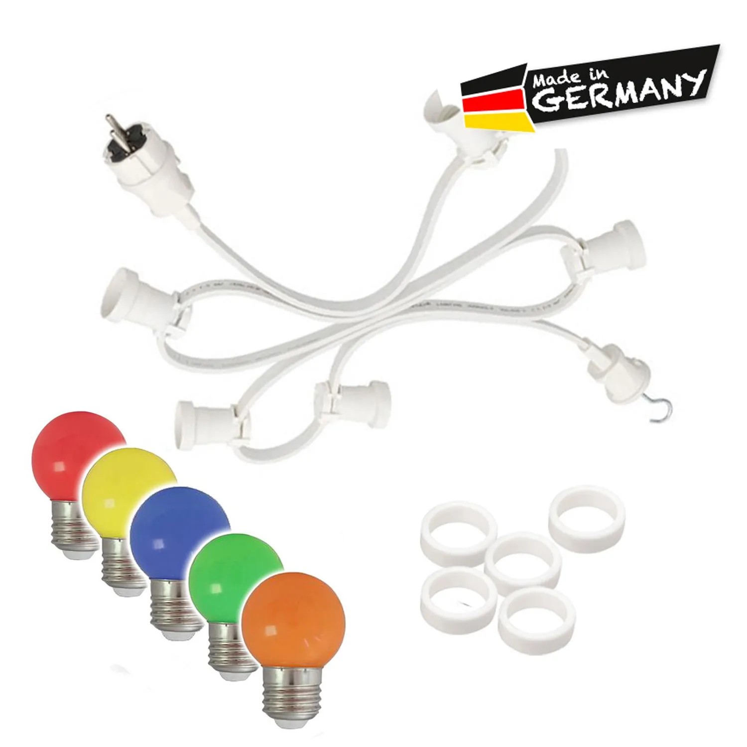 Weiße Illu Partylichterkette mit E27 Fassungen, bunten LED Kugellampen und Dichtungsringen. Made in Germany, für Außen.