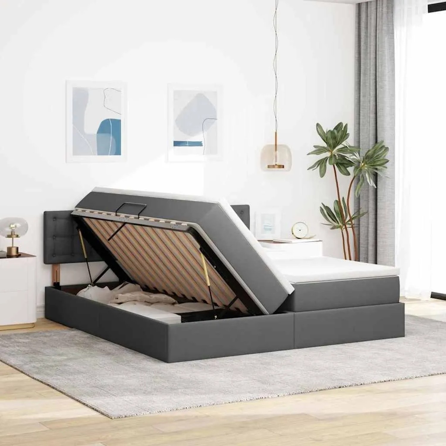 vidaXL Bett mit LED-Lichtleisten Dunkelgrau 200 x 200 cm Stoff 3371592_5