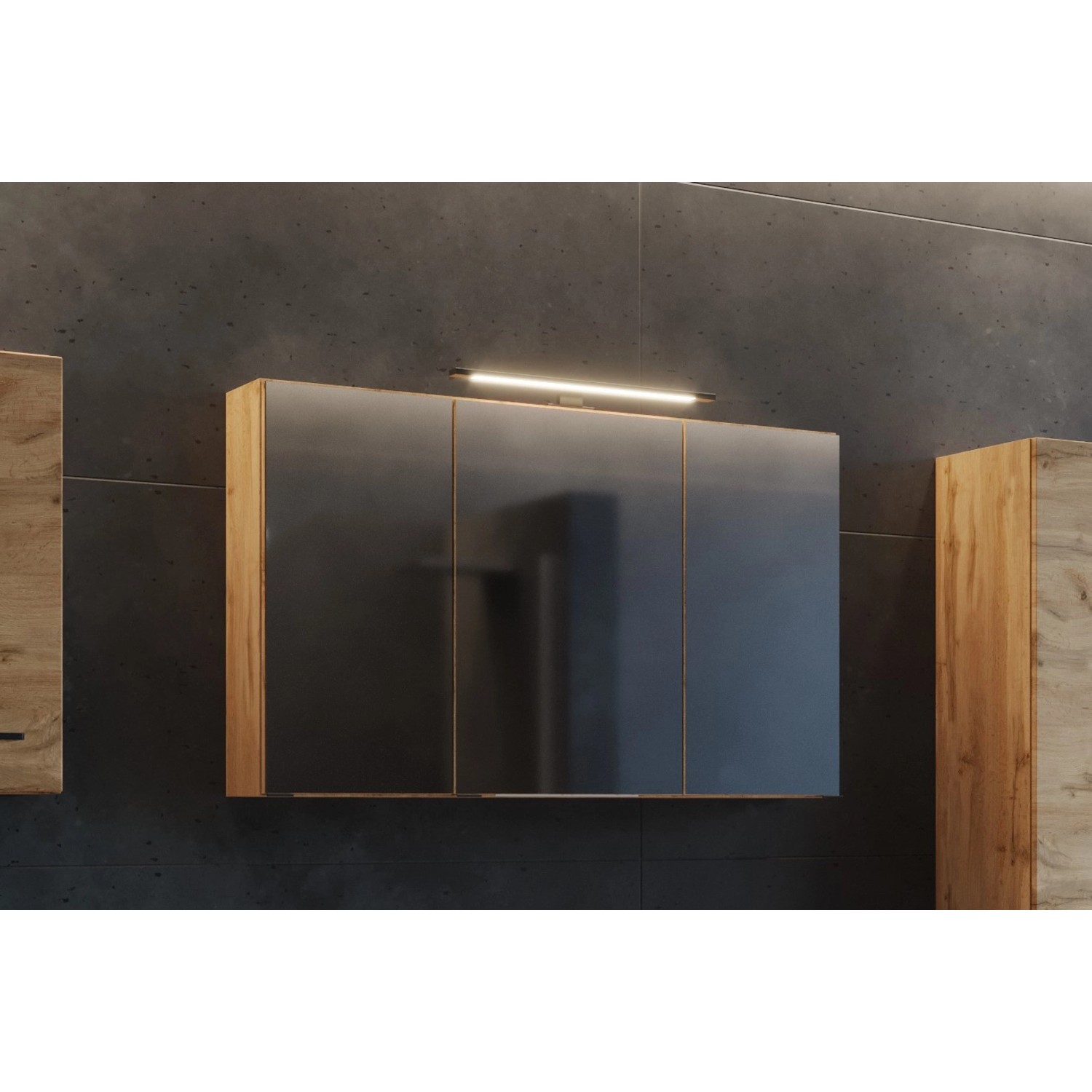 Held Möbel Spiegelschrank Florenz 100 cm in Wotaneiche mit LED-Beleuchtung.