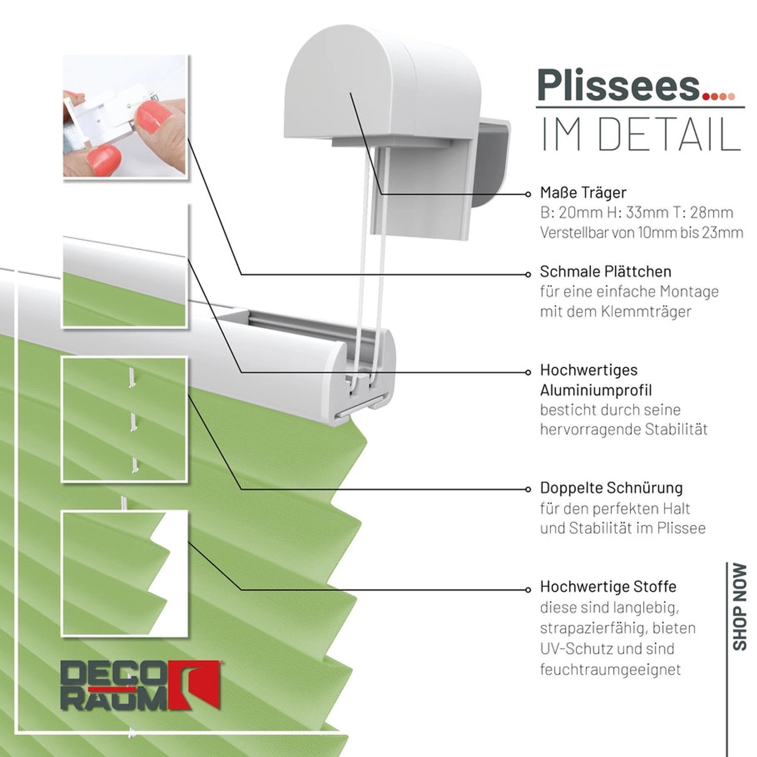 Grünes Deco-Raum Plissee Basic 65x150cm ohne Bohren, blickdicht, mit Klemmfix-System.