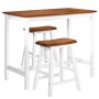 vidaXL Bartisch- und Hocker-Set, 3-teilig, aus Massivholz, braune Tischplatte, weiße Beine.