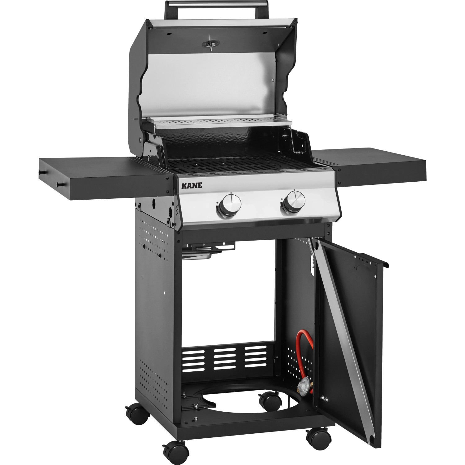 Jamestown Gasgrill Kane mit 2 Brennern, offenem Deckel, Seitentischen und modular Grillrostsystem.