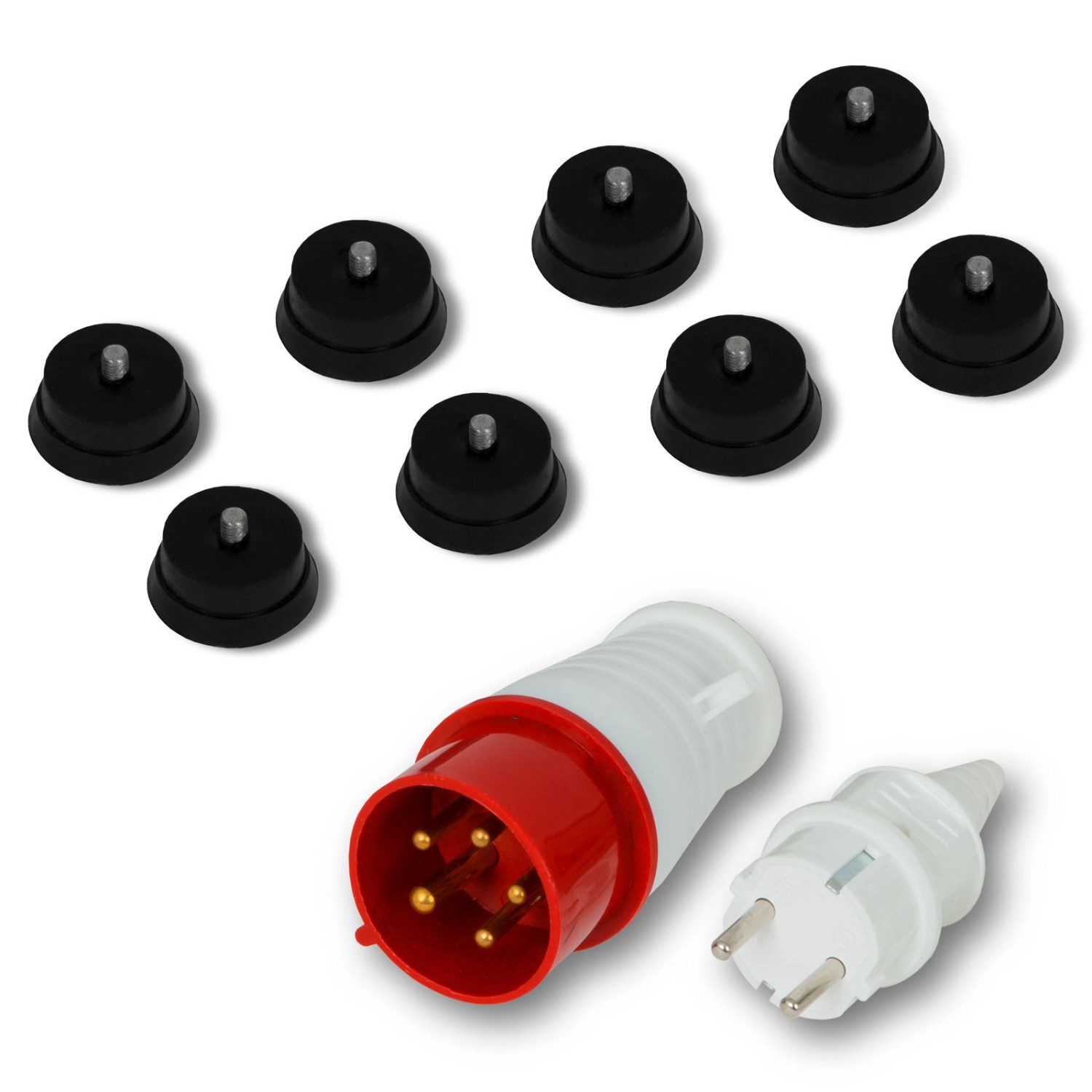 Stecker-Set für EBERTH Stromerzeuger: Starkstromstecker, Schuko-Stecker und 7 Gerätefüße.