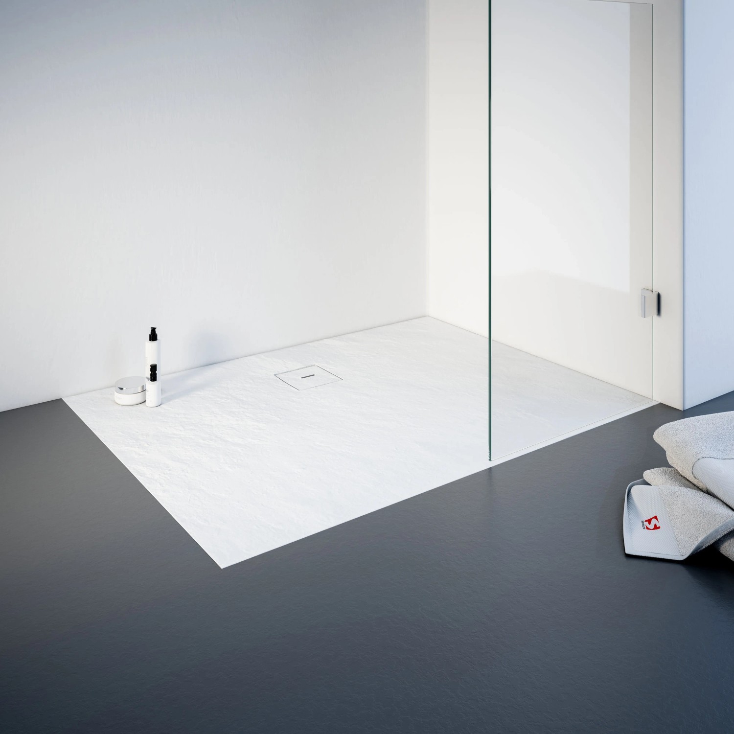 Rechteckige, weiße Schulte Duschwanne ExpressPlus 120x90 cm aus Mineralguss mit Ablaufgarnitur.