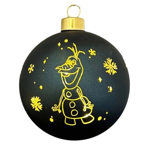 Schwarze Disney Glas-Weihnachtskugel mit beleuchtetem Olaf Motiv und goldenen Schneeflocken, Ø 10 cm.