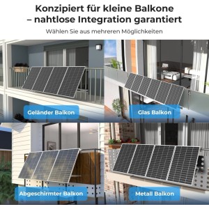 SUNSHARE Balkonkraftwerk 800W mit Halterung für Geländer, Glas-, Metall- und Sichtschutzbalkone.