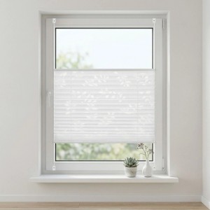 Sekey Plissee, weiß mit Muster, 70x100cm, am Fenster montiert. Klemmfix ohne Bohren.