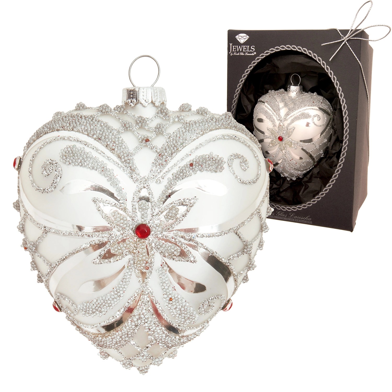 Krebs Glas Lauscha Baumschmuck Herz Strassdekor Silberfarbig 9cm
