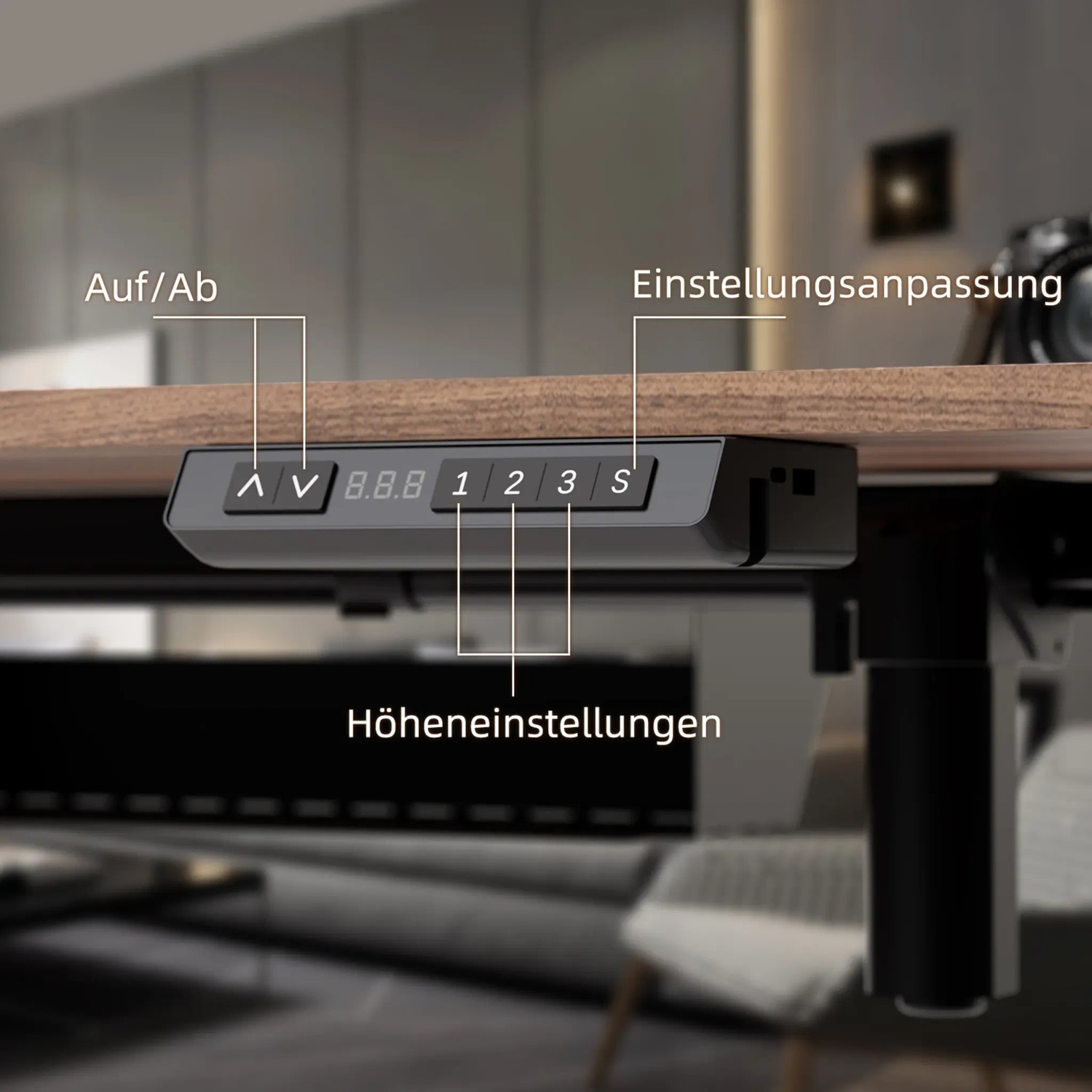 Detailansicht des Bedienelements für den höhenverstellbaren Schreibtisch mit Memory Funktion.