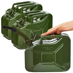 3 olivgrüne 10L BW Metall Kraftstoffkanister mit Ausgießer. Pannenhilfe für Auto & Motorrad.