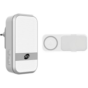 REV Funkklingel mit Stecker und Klingeltaster, weißes Lochmuster, 90 dB, 150 m Reichweite.