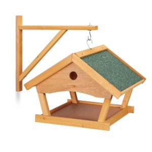 Relaxdays Vogelfutterhaus Holz Stein Natur Grün mit Wandhalterung 35 cm x 42,5 cm x 40,5 cm 2,6 kg