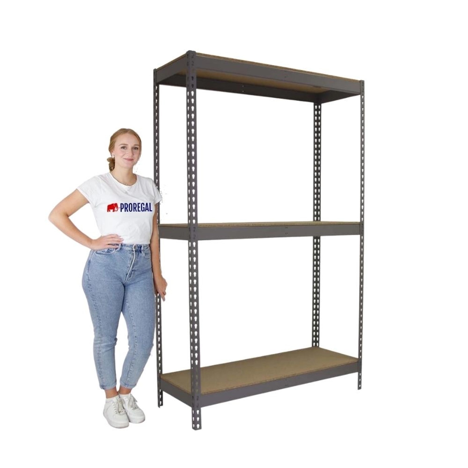 Graues PROREGAL Schwerlastregal Wood Yeti mit 3 Böden, 200x120x75 cm, Fachlast 400 kg.