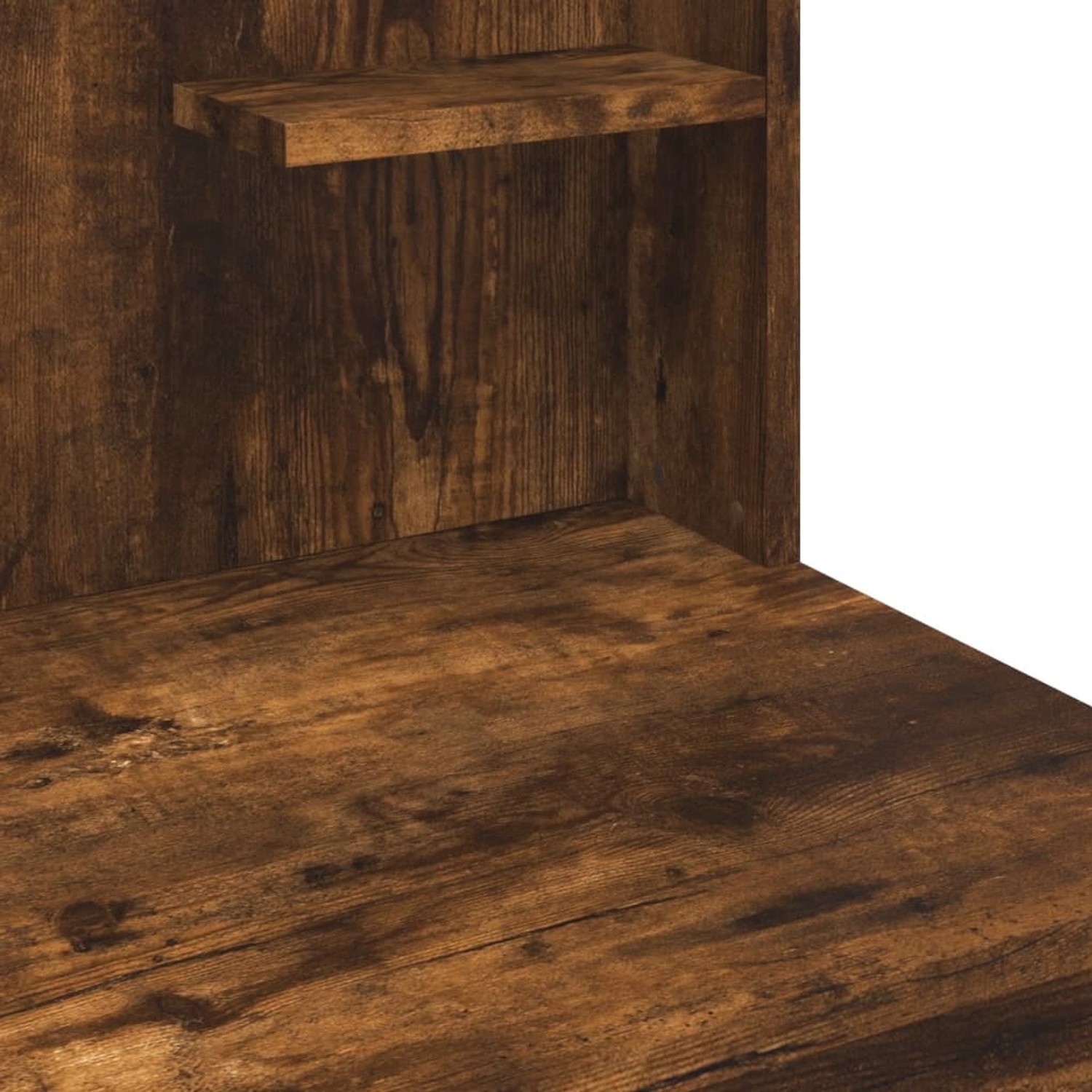 Detailansicht: Schminktisch Räuchereiche mit Ablage, Holzstruktur.