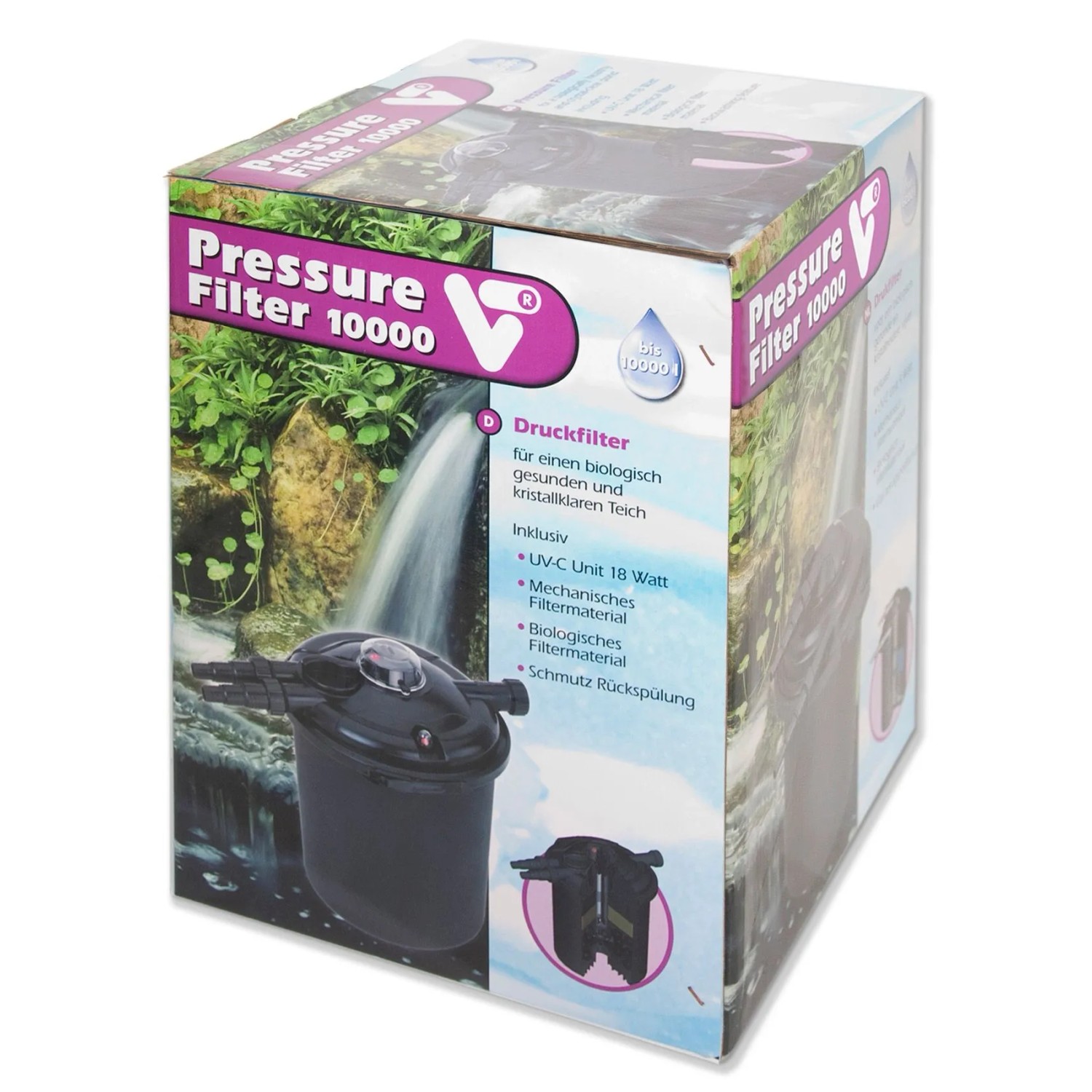Velda Pressure Filter 10000 Produktbox. Schwarzer Teichfilter mit UV-C für klares Wasser im Teich.