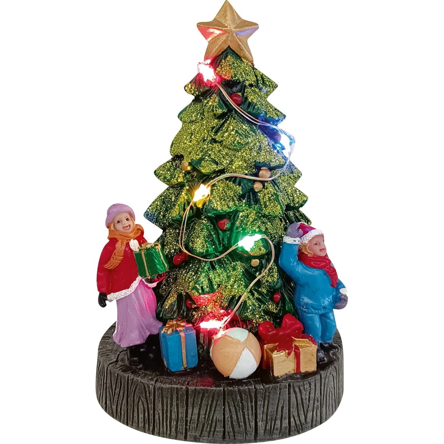 OBI Weihnachtsdorf Figur: Kinder schmücken glitzernden Weihnachtsbaum mit Lichterkette und Geschenken. Mehrfarbige Polyresin Deko.