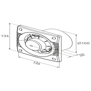 Skizze eines weißen Badventilators System Ø 100 Leise mit Maßangaben.