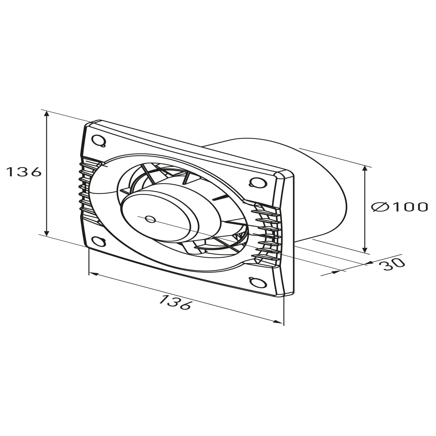 Skizze eines weißen Badventilators System Ø 100 Leise mit Maßangaben.