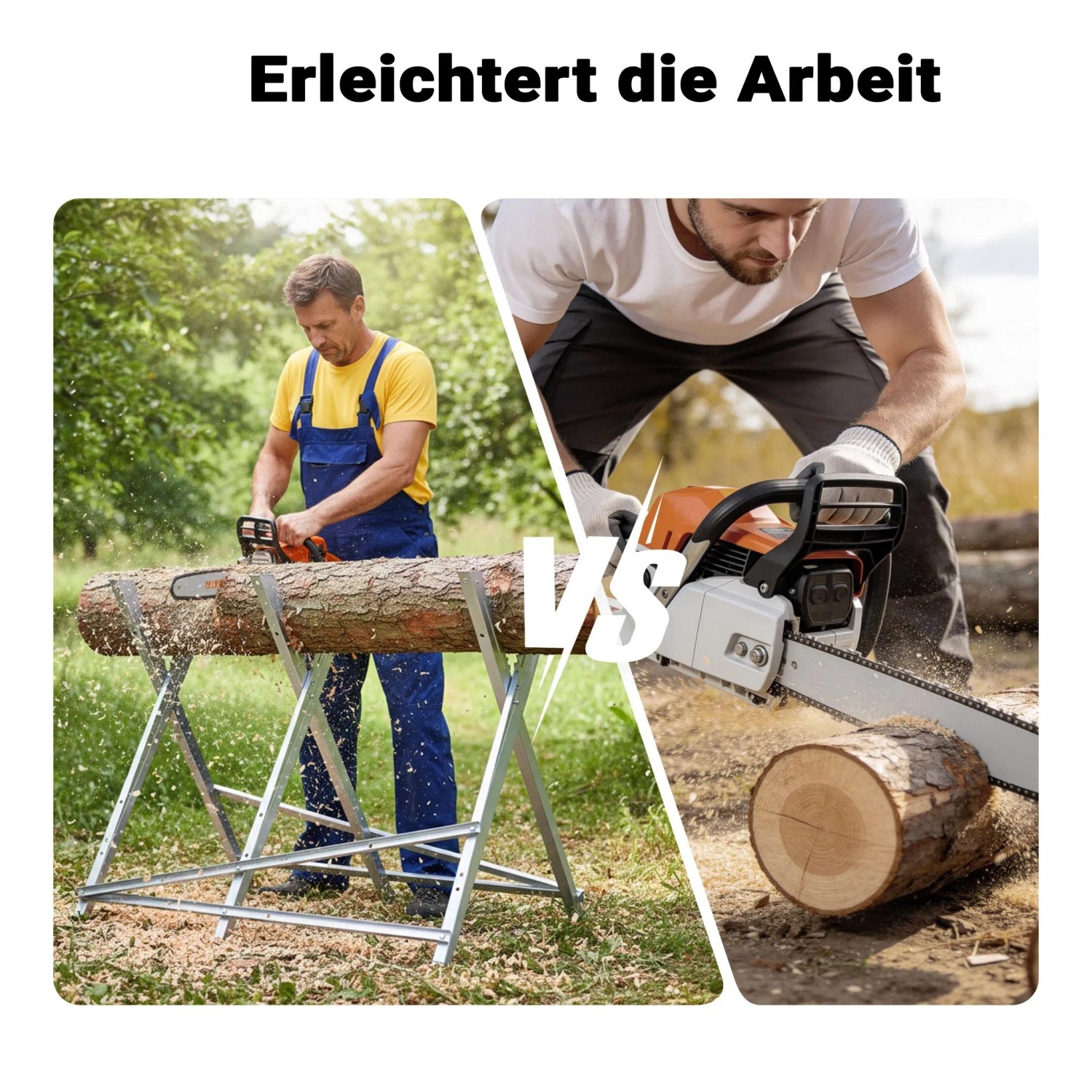 Mann sägt Holz auf klappbarem Xpotool Sägebock. 3 Stammhalter erleichtern die Arbeit. Ideal für Holzsägen.