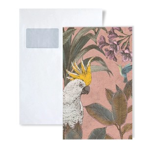 Musterstück der Dschungel Tapete mit Kakadu, Blätter und Kolibri auf rosa Grund.