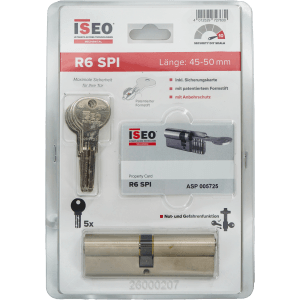 Iseo Profilzylinder R6 SPI 45/50 im Set mit 5 Schlüsseln, Sicherungskarte und Befestigungsschraube.