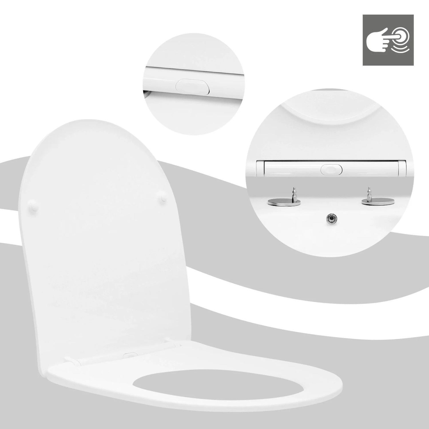 Weißer WC-Sitz mit Soft-Close Absenkautomatik und Quick-Release Mechanismus für Hänge-WC.