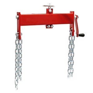 Roter HD Balancierer für Werkstattkran. Robuster Positionierer mit Ketten und Handkurbel zum präzisen Heben.