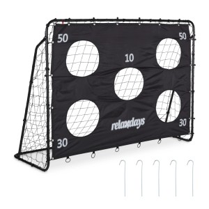 Schwarzes Relaxdays Fußballtor mit Torwand und 5 Schusslöchern für Garten oder Sportplatz.