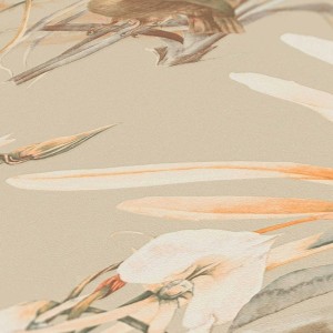 Detailansicht der Bricoflor Vliestapete mit Papagei, Dschungel-Motiv, Monstera und Vögel in Beige und Bunt.