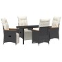 Schwarze 5-tlg. vidaXL Garten Essgruppe aus Poly Rattan mit Tisch und Stühlen mit Kissen.