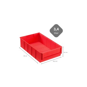 Rote PROREGAL Industriebox 300, 3,4 Liter, für Aufbewahrungssysteme, mit Maßangaben.