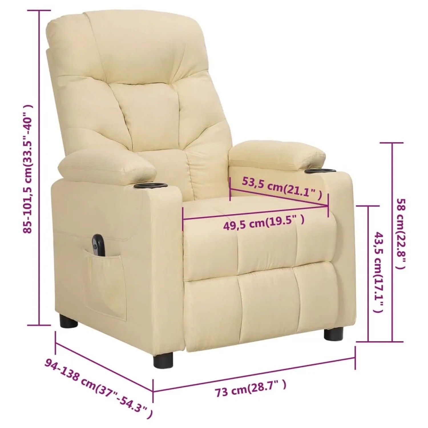 Elektrischer Relaxsessel in Creme aus Stoff, mit Getränkehalter und Fernbedienung.