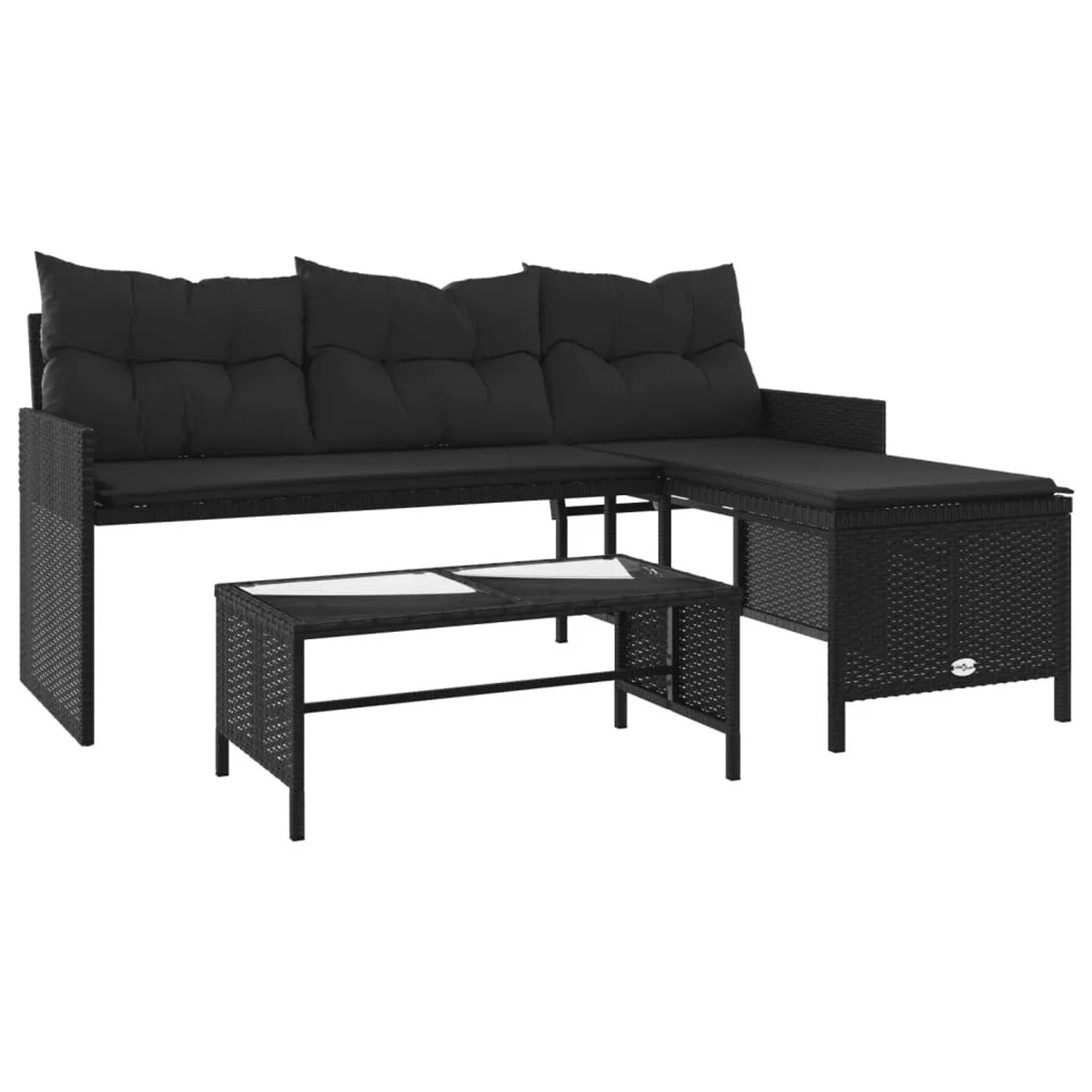 vidaXL Gartensofa in L-Form mit Tisch und Kissen Schwarz Poly Rattan 365572