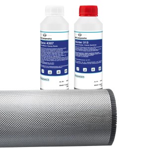 DD Composite GFK Epoxidharz Set mit Alu-Silber Gewebe (375g). Harz und Härter in Flaschen, Gewebe auf Rolle.