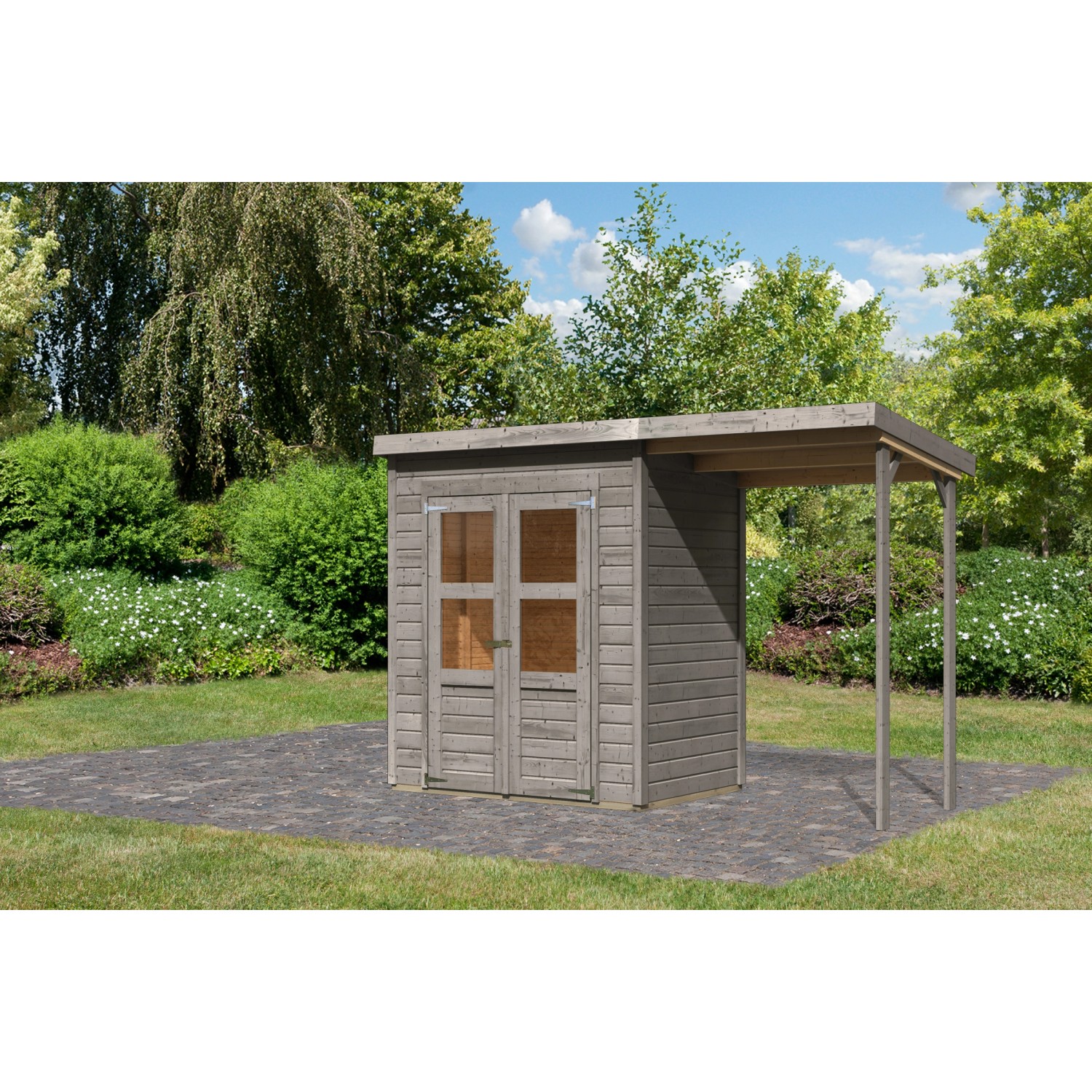 Karibu Gartenhaus Vellinge 2 m. Anbaudach Vorvergraut 219 x 178 x 122 cm günstig online kaufen