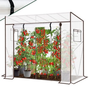Weißes Foliengewächshaus mit Rolltür, gefüllt mit roten Tomatenpflanzen. Stabiles Tomatenhaus für Garten & Balkon.